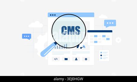 Content management system (CMS) concept showing CMS letters with magnifying glass over a dashboard-style webpage including charts, calendar and settings for analysis and development Stock Vector