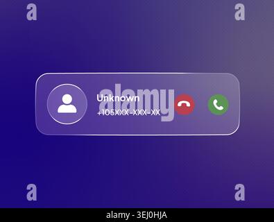 Incoming call notification from unknown caller with obscured number shown on a glassmorphism mobile interface. Scam call notification with green accept and red decline buttons, modern clean UI design Stock Vector