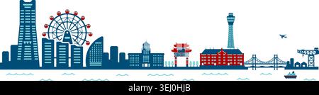 Yokohama Harbor Skyline Silhouette Vector Illustration Stock Vector