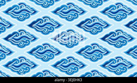 a seamless vector pattern of abstract Indonesian-style clouds in multiple shades of blue on a light background. Stock Vector