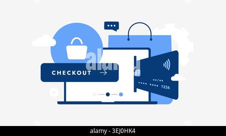 Illustrating the concept of online shopping and digital payment, featuring a laptop receiving a credit card, a checkout button, and a shopping bag, representing e-commerce transactions Stock Vector