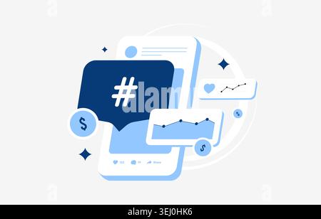 Hashtag marketing with social media engagement and audience growth in mobile interface. Analyze social analytics and improve influencer marketing performance vector illustration. Stock Vector