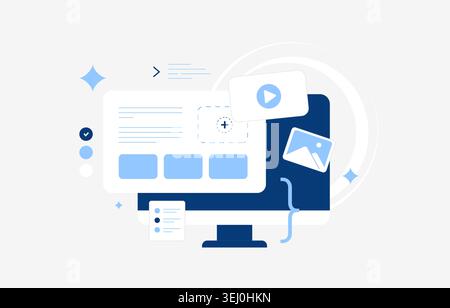 Content management with media publishing and website editor in digital dashboard. Manage video and image content with cms interface for online publishing workflow vector illustration. Stock Vector
