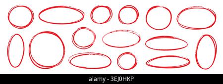 Hand drawn red line brush oval set. Hand drawn line brush pencil oval red color doodle marker chalk pen. Round circle underline frame check sign banner highlight texture shapes. Vector illustration Stock Vector