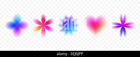 Colorful blurred gradient flowers set. Bright blurry aura shape collection. Fading abstract trend Y2k elements for poster, template, badge, sticker, collage, logo. Vector iridescent smooth flower pack Stock Vector