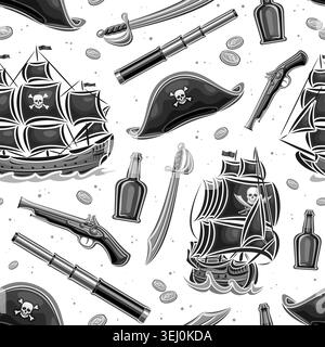 Vector Pirates Seamless Pattern, monochrome nautical background with cut out illustrations of various pirate symbols for kid party, square cover with Stock Vector