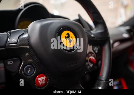 Ferrari 488 Spider steering wheel with prancing horse emblem Stock Photo
