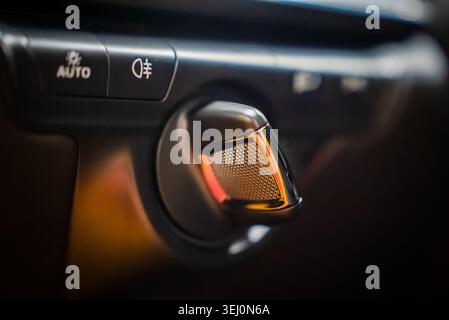Porsche 911 Carrera headlight control knob with AUTO and fog symbols Stock Photo