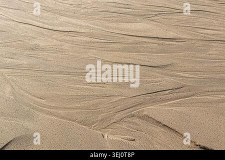 Tidal water patterns etched across smooth sandy beach creating natural curved lines and channels at low tide Stock Photo