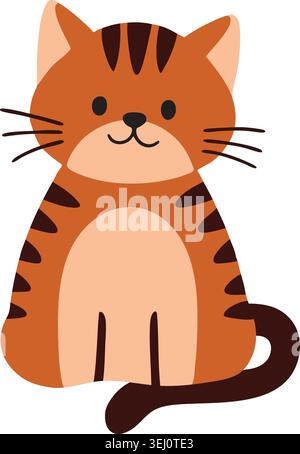 Simple flat illustration of an orange striped cat with whiskers pointed ears and a curled tail Stock Vector