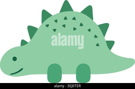 Simple flat illustration of a small green stegosaurus with back plates tiny legs and a smiling face Stock Vector