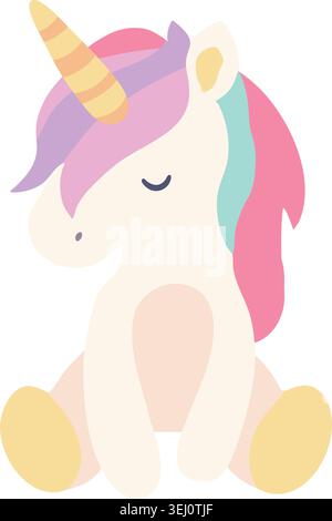 Simple flat illustration of a seated unicorn with a golden horn pastel mane closed eyes and soft colors Stock Vector