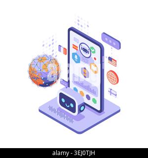 Isometric AI Language Learning App Dashboard With Chatbot Assistant. Artificial Intelligence Language Learning App Concept Stock Vector