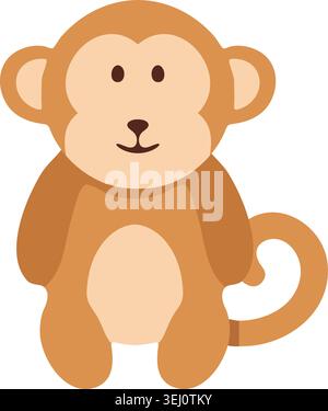 Simple flat illustration of a smiling brown monkey with a beige belly rounded ears and a curled tail Stock Vector