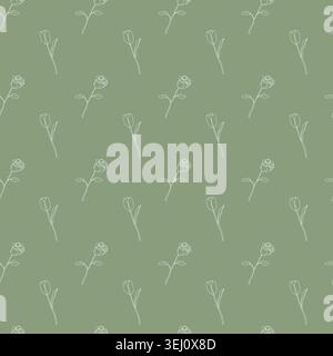 Seamless floral pattern with simple white line drawings of stems, leaves, and alternating buds on muted green background, minimalist design for Stock Vector