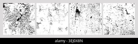 Set of four distressed surface textures, including granular speckles, cracked plaster, mold-like spots, and gradient erosion, abstract aged designs Stock Vector