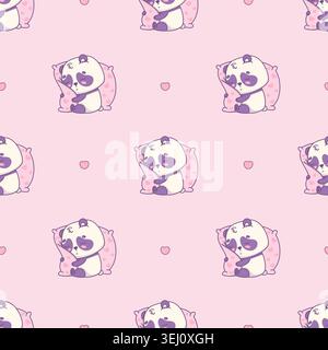 Seamless Pattern With Cute Sleeping Panda Bear Hugging Big Pillow On Pink Background With Hearts. Vector Illustration. Kawaii Baby Textile Print. Stock Vector
