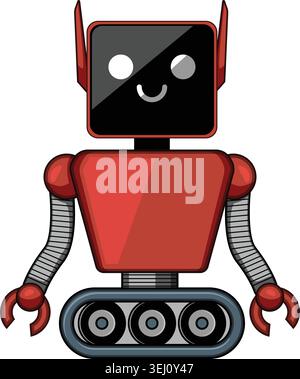 Friendly robot character on tracks smiling, artificial intelligence concept Stock Vector