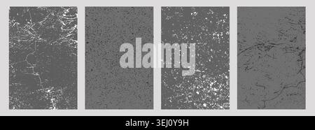 Set of four grayscale distressed textures, including cracked lines, speckled spots, rough patches, and subtle scratches, abstract aged designs for Stock Vector