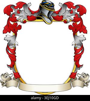 A coat of arms or crest family heraldry medieval heraldic knight shield with helmet and acanthus filigree scroll ornament in a vintage woodcut style. Stock Vector