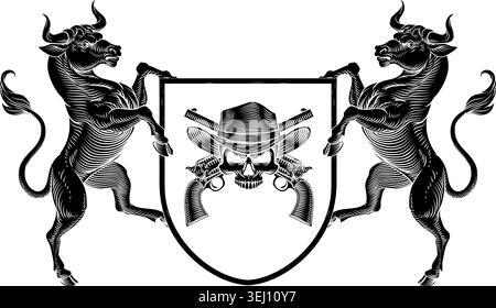 A cowboy skull wearing a cowboy hat with crossed western guns crest coat of arms shield design. In a vintage woodcut style. Stock Vector