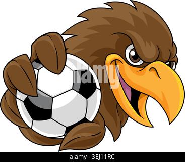 An eagle, falcon, hawk, osprey or other bird of prey soccer football sports team mascot cartoon character holding a ball. Stock Vector