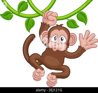 A monkey cartoon character singing on jungle vines and waving Stock Vector