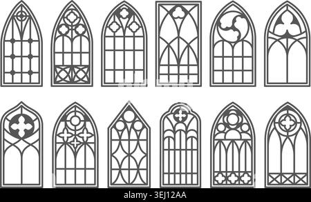 Gothic church window. Arched frames with patterns. Medieval cathedral vector elements. Vintage stained simple outline illustration on white background Stock Vector