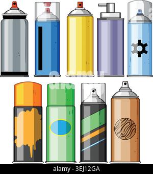 Assortment of colorful aerosol spray cans, paint tools Stock Vector