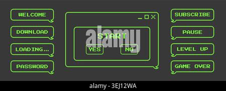 Retro y2k collection with pixelated frame. 8 bit acid green game style message box or chat balloon. Vector set on black Stock Vector