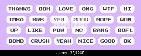 Pixel dialogue box. Collection of y2k style pixelated frames. 8 bit message box or retro game chat balloon. Geometric set for different text bubble or Stock Vector