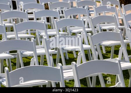 White chairs arranged for wedding guests Stock Photo