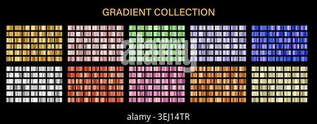 Gold gradient and Foil collection. Copper and metallic swatch degrade. Shiny rose Gold, silver, and holographic Vector backgrounds Stock Vector