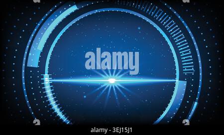 Abstract digital tech background featuring a glowing neon  circular interface, stardust and central lens flare Stock Vector