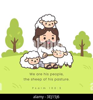 Kawaii Jesus sitting on rock petting sheep with lambs beside and on head with Psalm 100 3 on green background Stock Vector