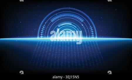 Abstract tech background featuring neon glowing radar interface, bright horizon light and binary code path Stock Vector