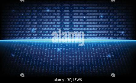 Abstract digital technology background featuring a bright neon horizon light line and binary code grid Stock Vector
