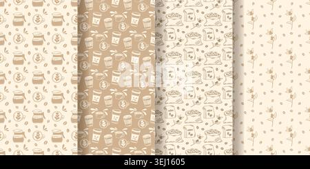 Set of seamless beige patterns with coffee theme. Collection of monochrome hand-drawn backgrounds for coffee shops. Prints with coffee beans Stock Vector