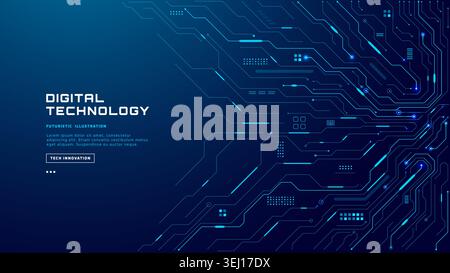 Blue circuit board background with digital lines and chip patterns. Stock Vector