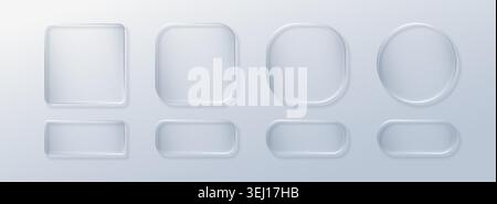 Set of Glass liquid effect with button box circle and 3d ui transparent. Web icon text with frame glass white and element interface light. Infographic Stock Vector