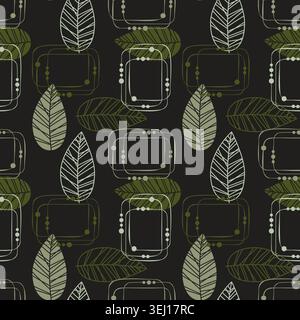 Dark botanical seamless pattern in mid-century retro style with abstract leaves and linear frames on a black background for moody textile print, home Stock Vector