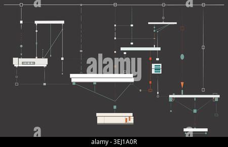 Abstract operational system vector with suspended modular structures, intelligent data flow, and conceptual technology network design. Stock Vector