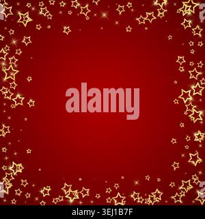 Twinkle stars scattered around randomly, flying, falling down, floating. Christmas celebration concept. Festive stars vector illustration on red background. Stock Vector