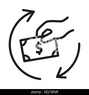 Round circle arrow features hand holding black vector dollar bill. Currency circulation concept visualizes cash flow. eps 10 Stock Vector