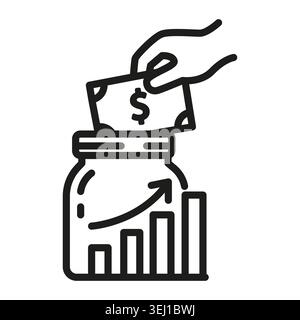 Glass jar savings features hand dropping black vector dollar bill. Financial investment concept complements economy growth. eps 10 Stock Vector