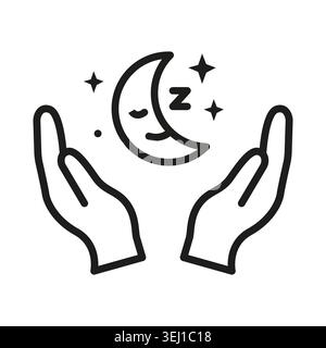 Hands holding sleeping moon black vector icon features night stars. Sweet dreams concept highlights healthy resting time projects. eps 10 Stock Vector