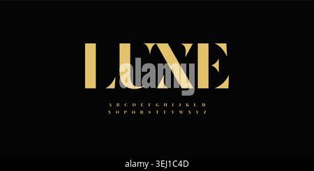 Luxe bold display font alphabet on black background with premium contrast for fashion branding, luxury logo, editorial title and elegant label. Gold Stock Vector
