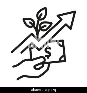 Trending arrow chart features hands holding black vector green plant. Economic progress concept highlights business success. eps 10 Stock Vector