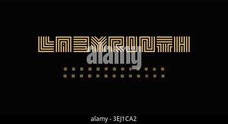 Labyrinth geometric line font alphabet on black luxury background for fashion logo, premium branding, editorial title and abstract symbol design. Maze Stock Vector