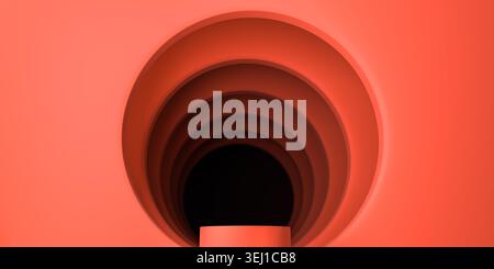 Abstract modern geometric red orange circular tunnel archway containing empty pedestal podium creating dynamic vibrant stage for premium cosmetic prod Stock Photo